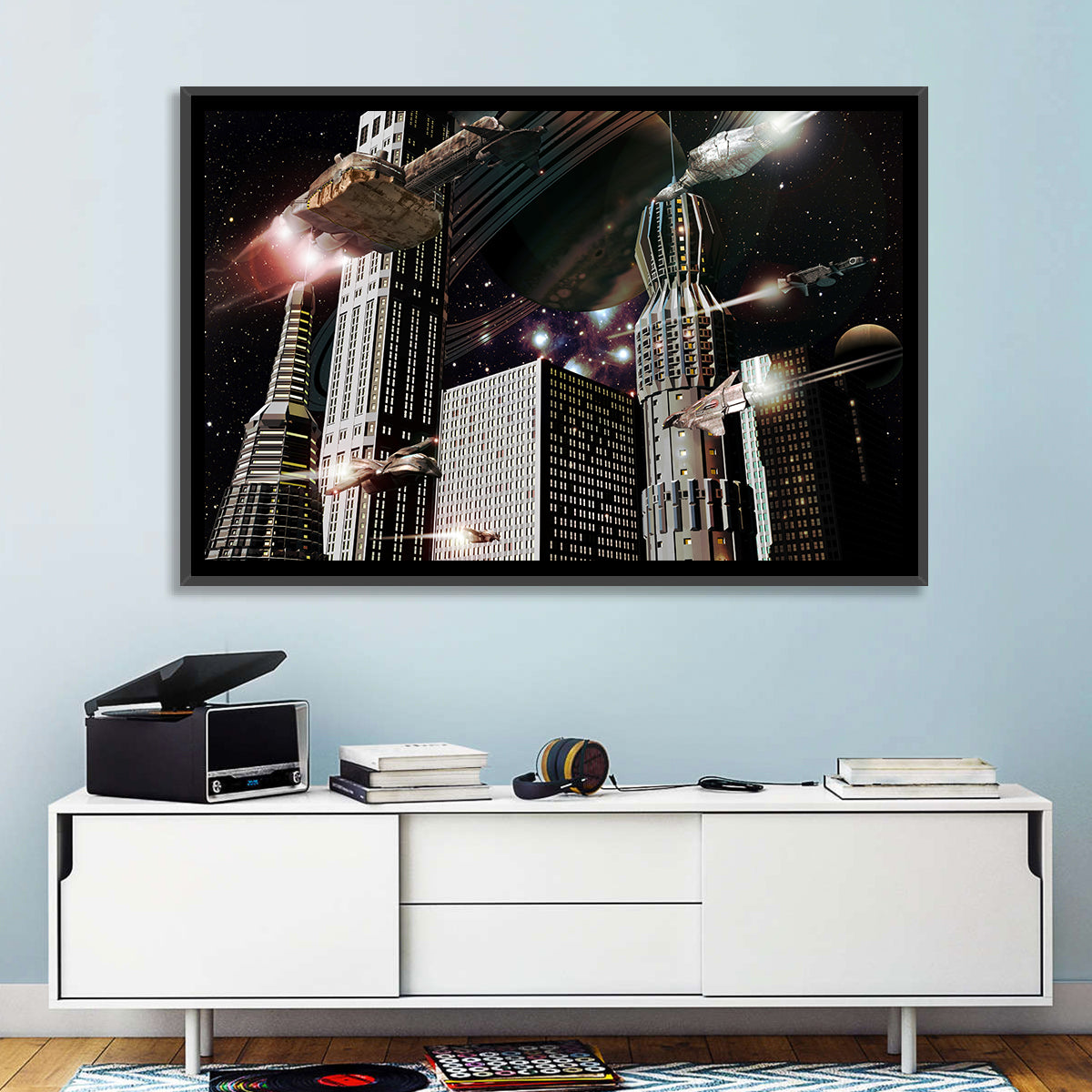 Ringed Planet Cityscape Wall Art in a room, landscape