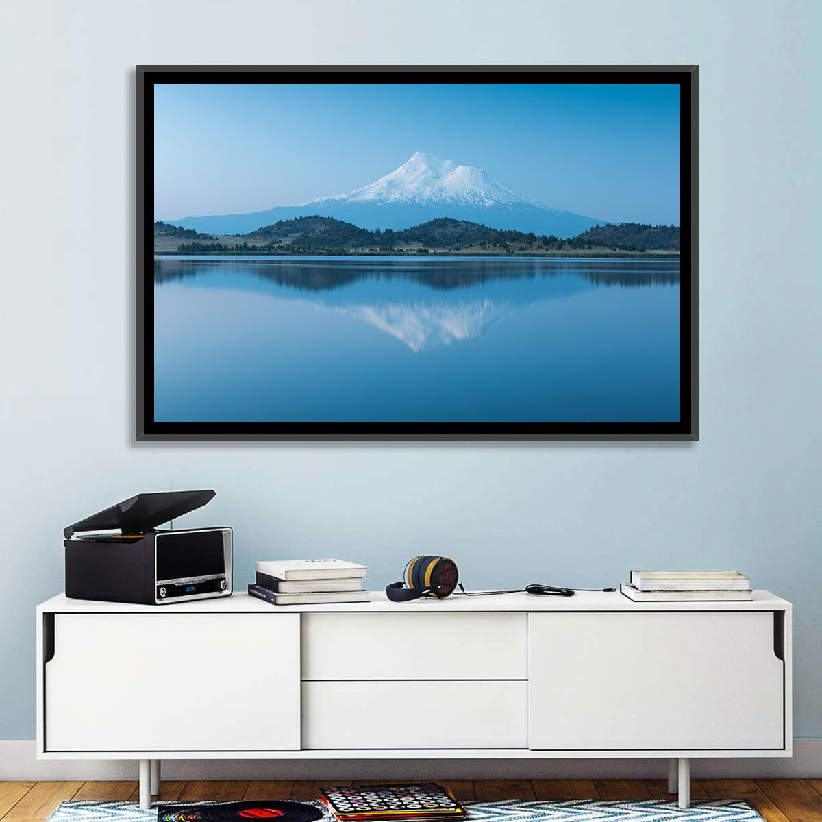 Snowy Mount Shasta Wall Art in a room, landscape