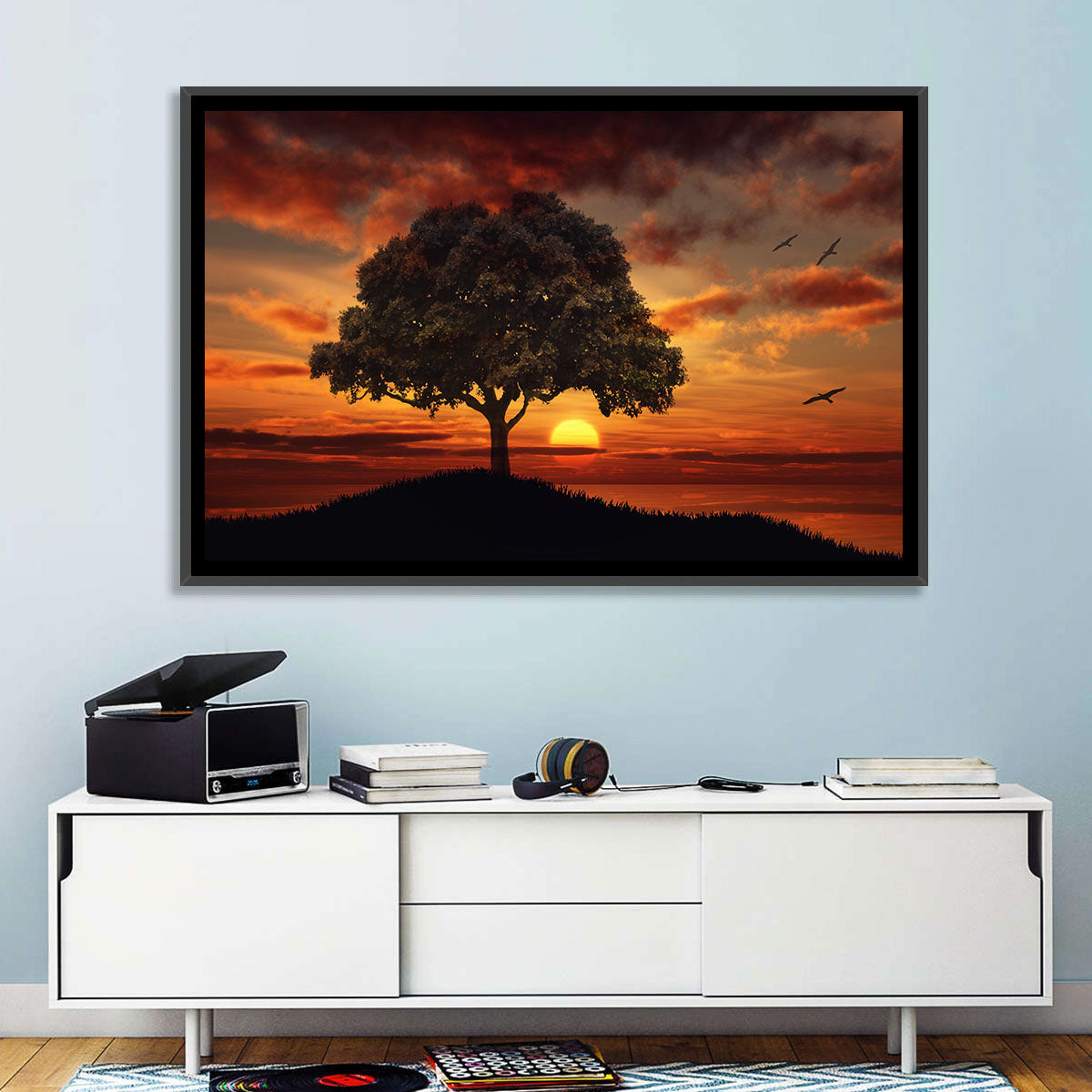 Lone Tree at Sunset with Birds Wall Art