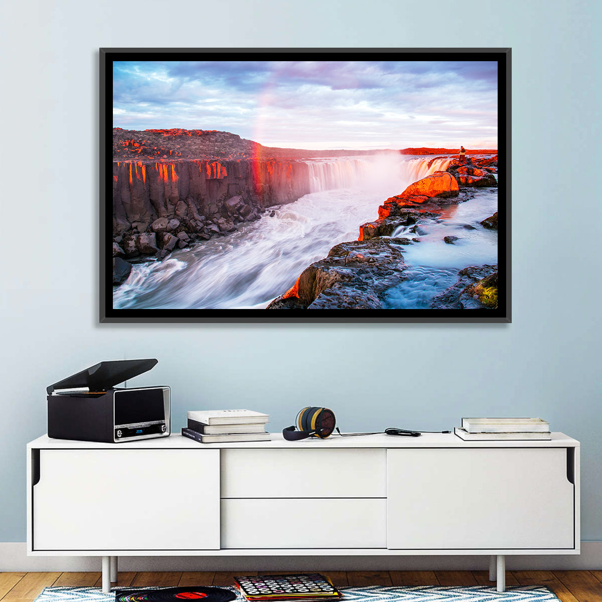 Golden Hour Selfoss Falls Rainbow Wall Art in a room, landscape