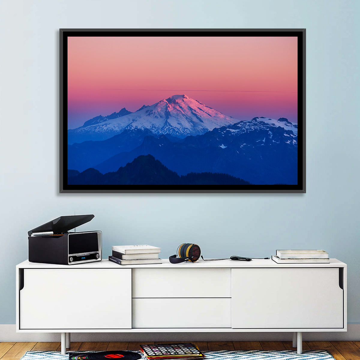 Mount Baker Alpenglow Wall Art in a room, landscape