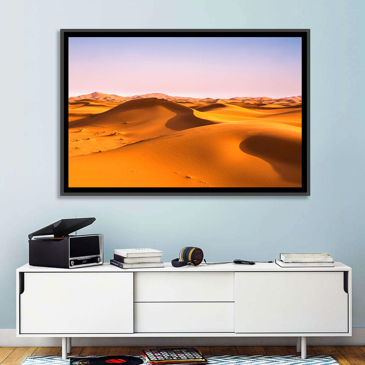 Golden Sahara Dunes Wall Art in a room, landscape
