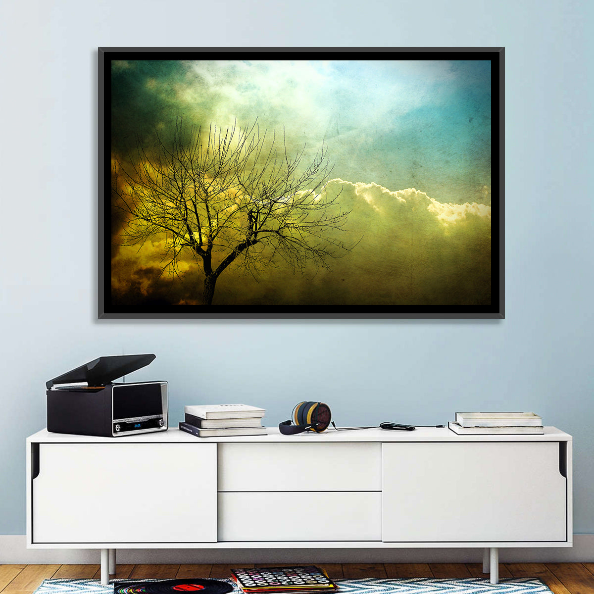 Moody Winter Tree Landscape Wall Art in a room, landscape