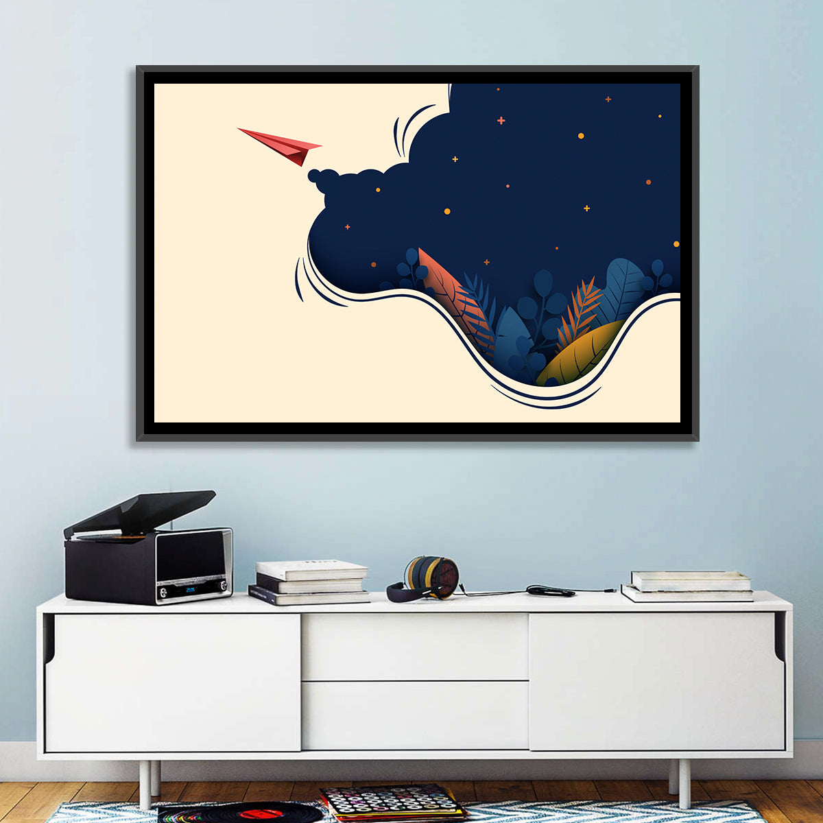Paper Airplane in Flight Wall Art in a room, landscape