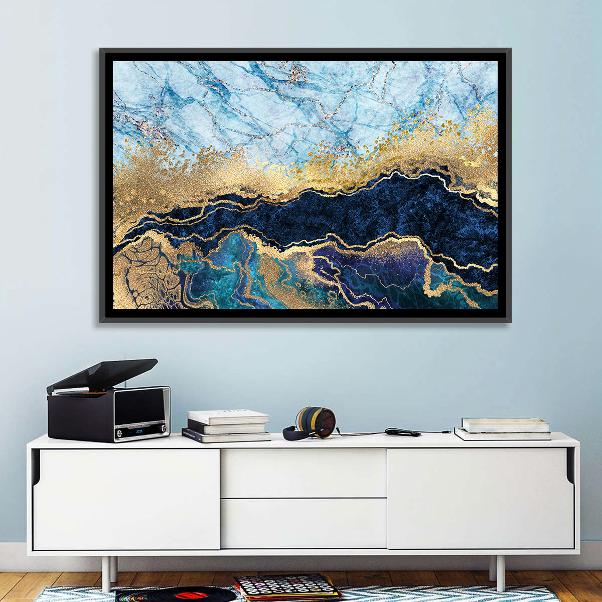 Blue Marble with Gold Veins Wall Art in a room, landscape