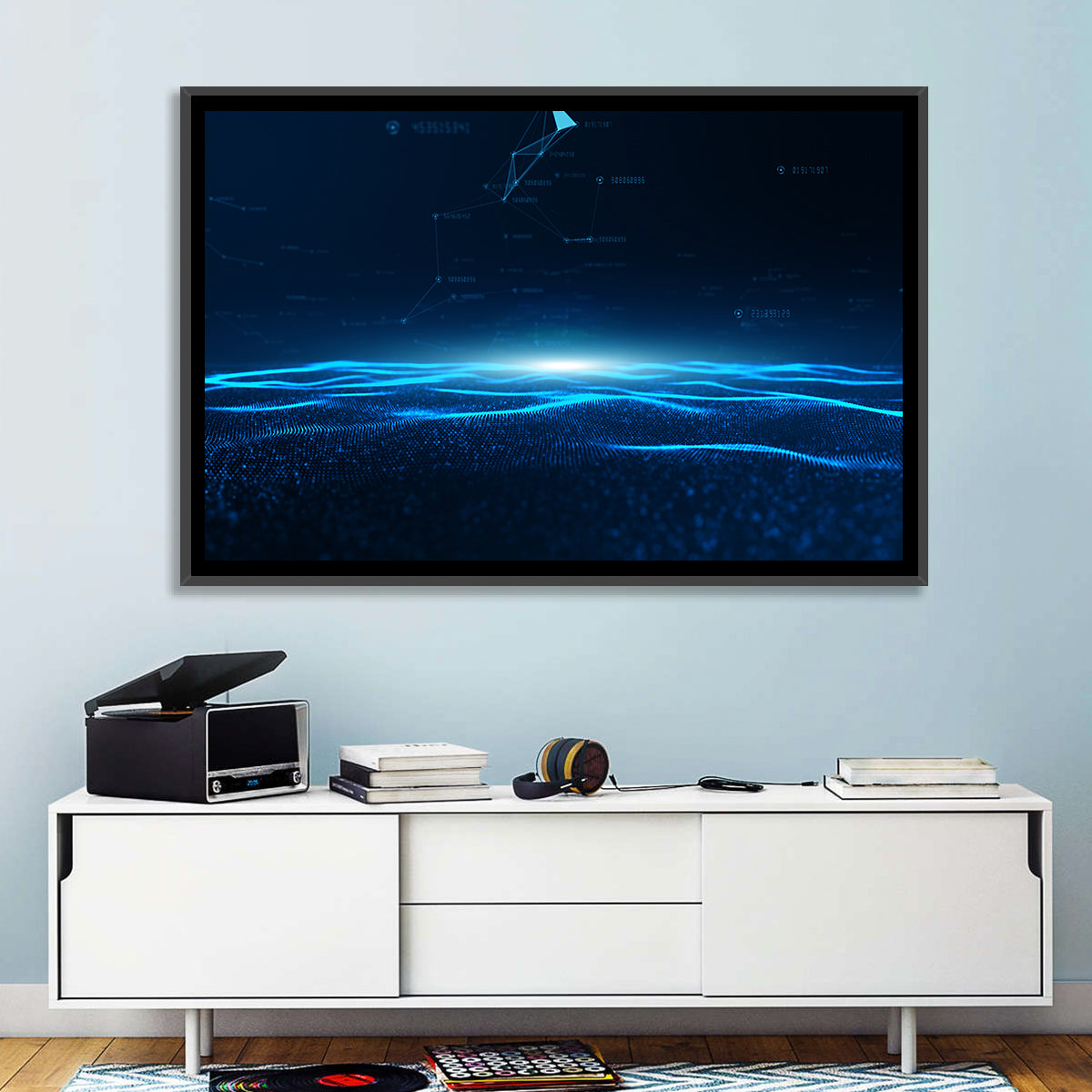 Digital Data Waves Wall Art in a room, landscape
