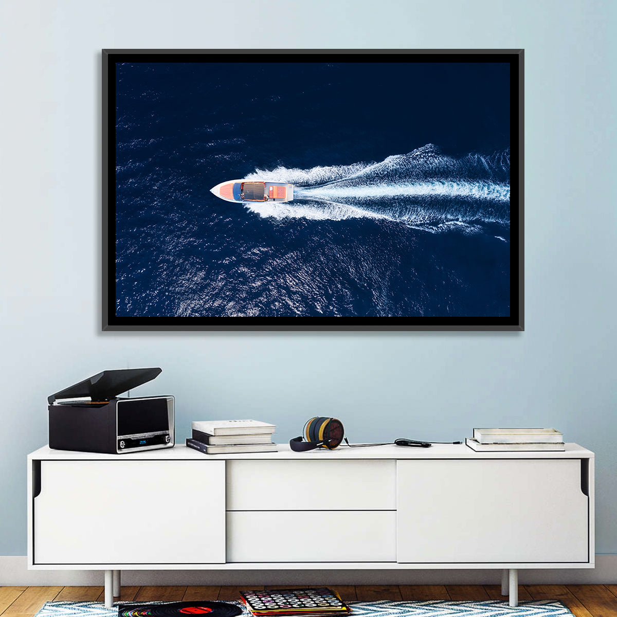 Sleek Speedboat Over Navy Sea Wall Art
