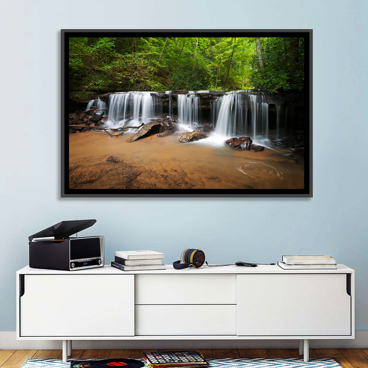 Lush Green Forest Waterfall Wall Art
