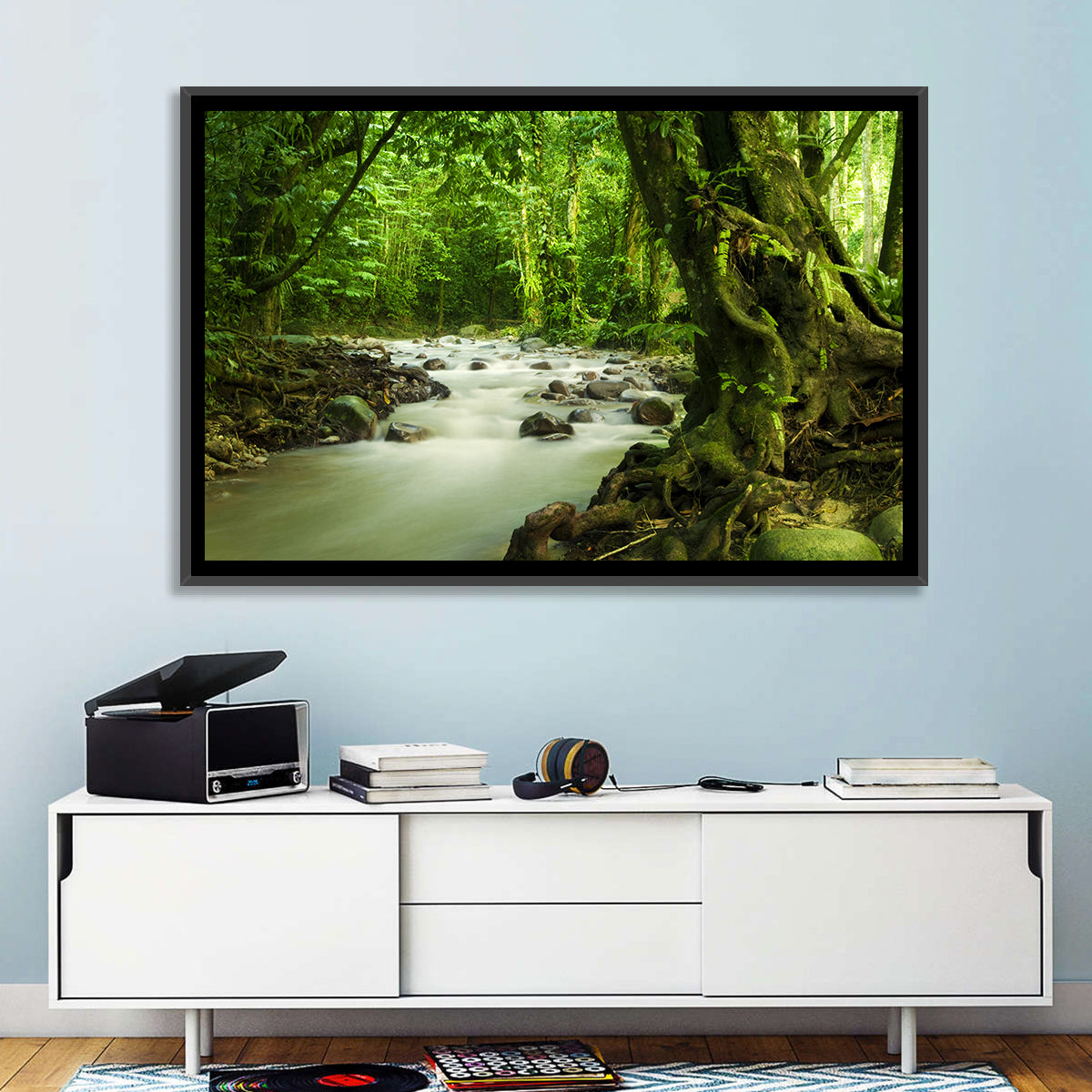 Emerald Rainforest River Wall Art in a room, landscape