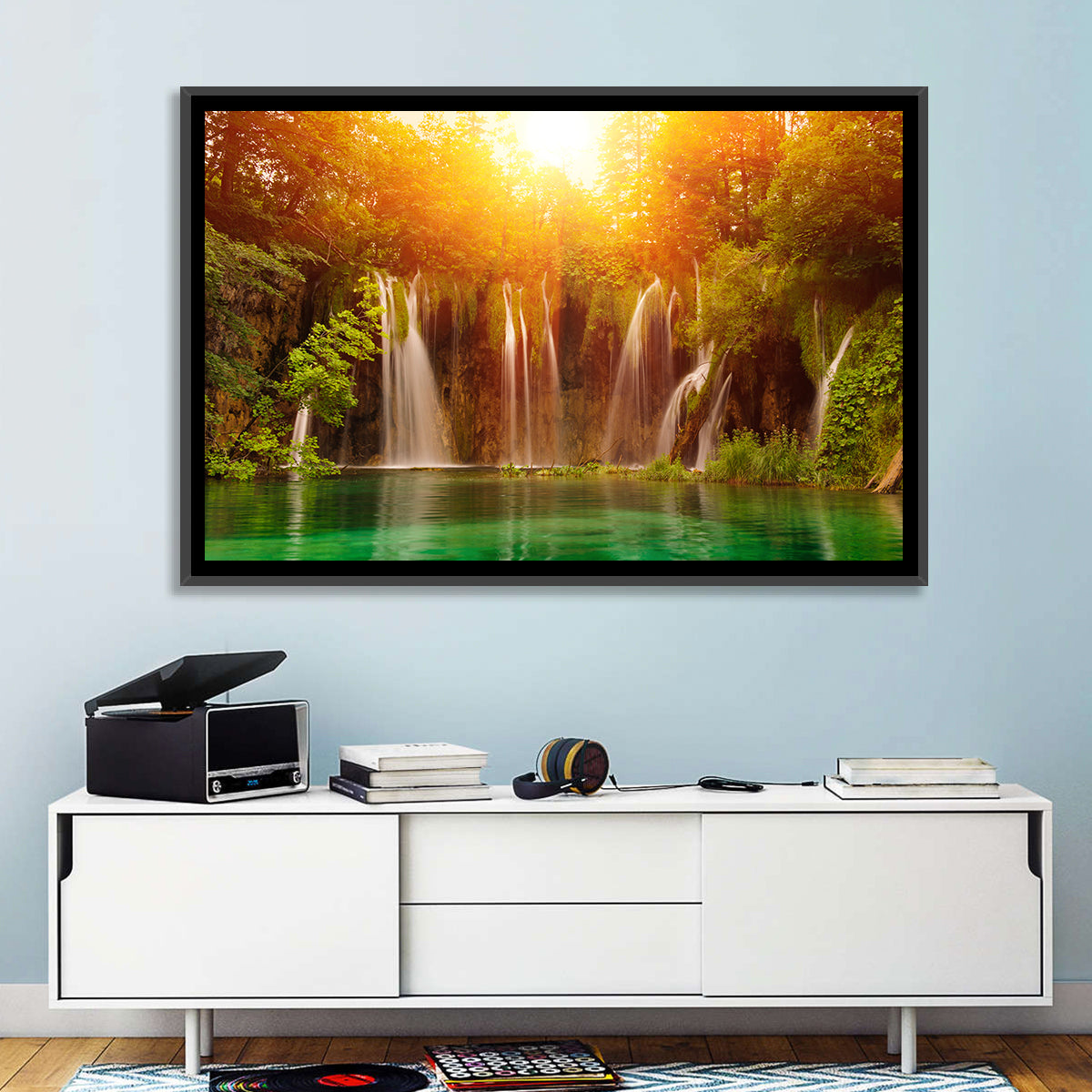 Plitvice Lakes Waterfalls Wall Art in a room, landscape