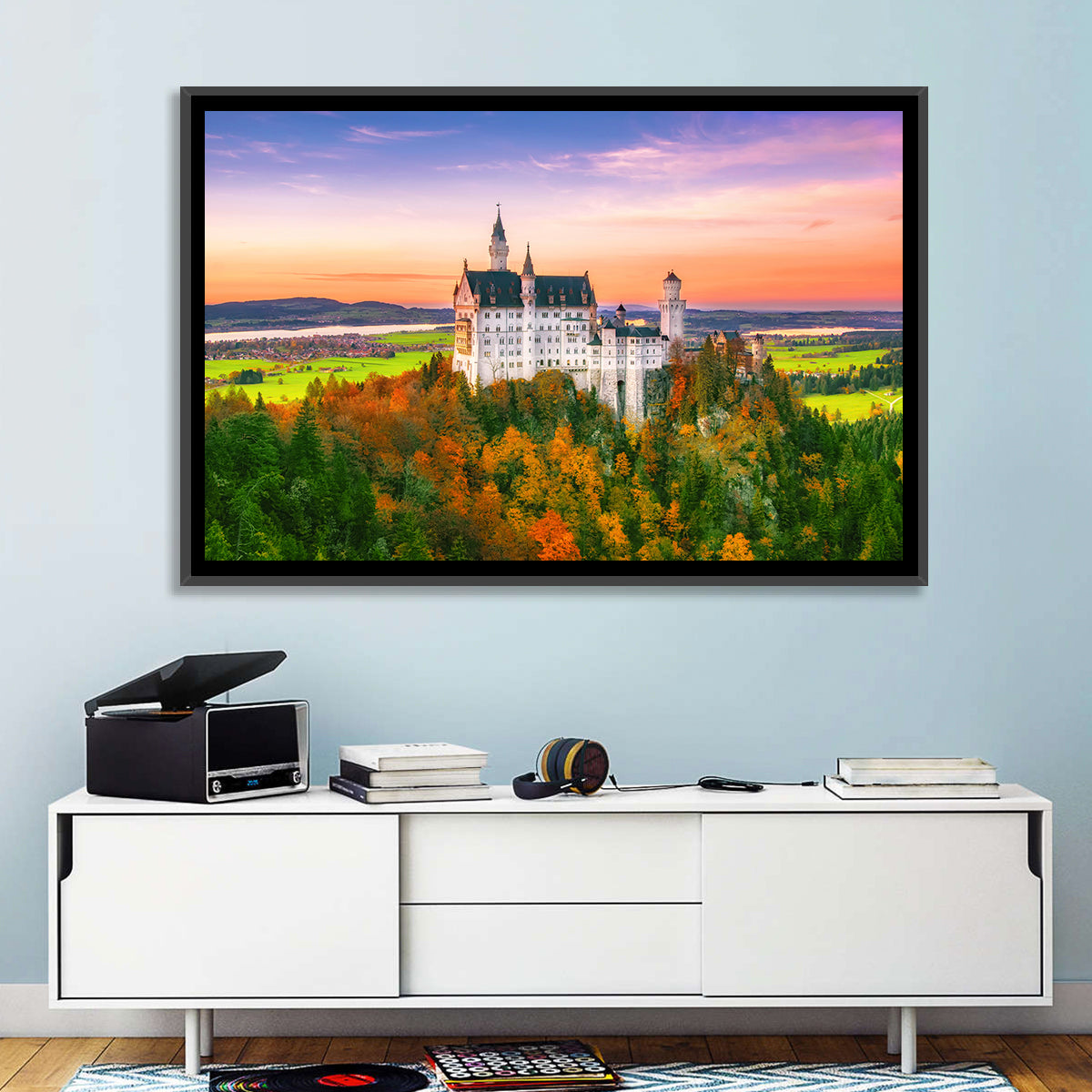 Neuschwanstein Castle at Autumn Sunset Wall Art in a room, landscape