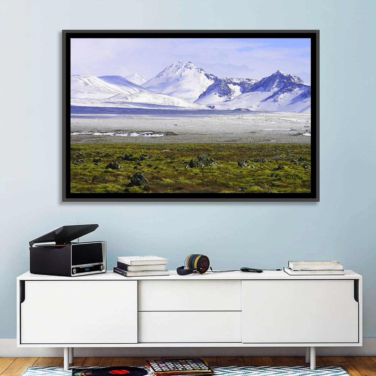 Icelandic Snow and Moss Landscape Wall Art in a room, landscape