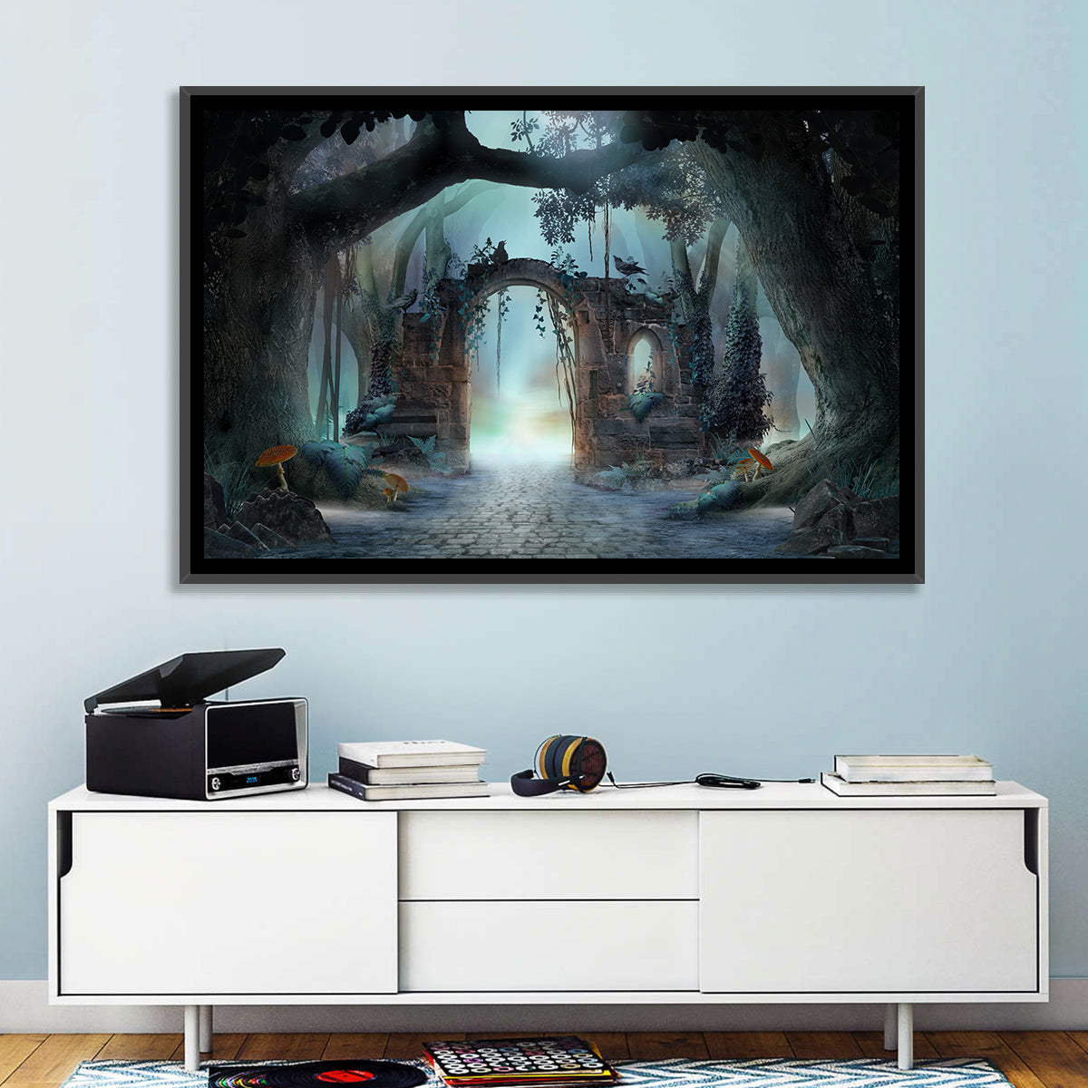 Enchanted Foggy Forest Wall Art in a room, landscape