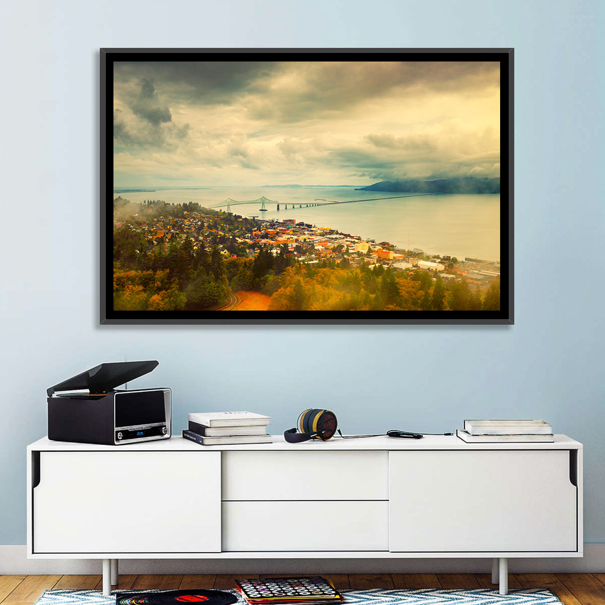 Astoria-megler Bridge Cityscape Wall Art in a room, landscape