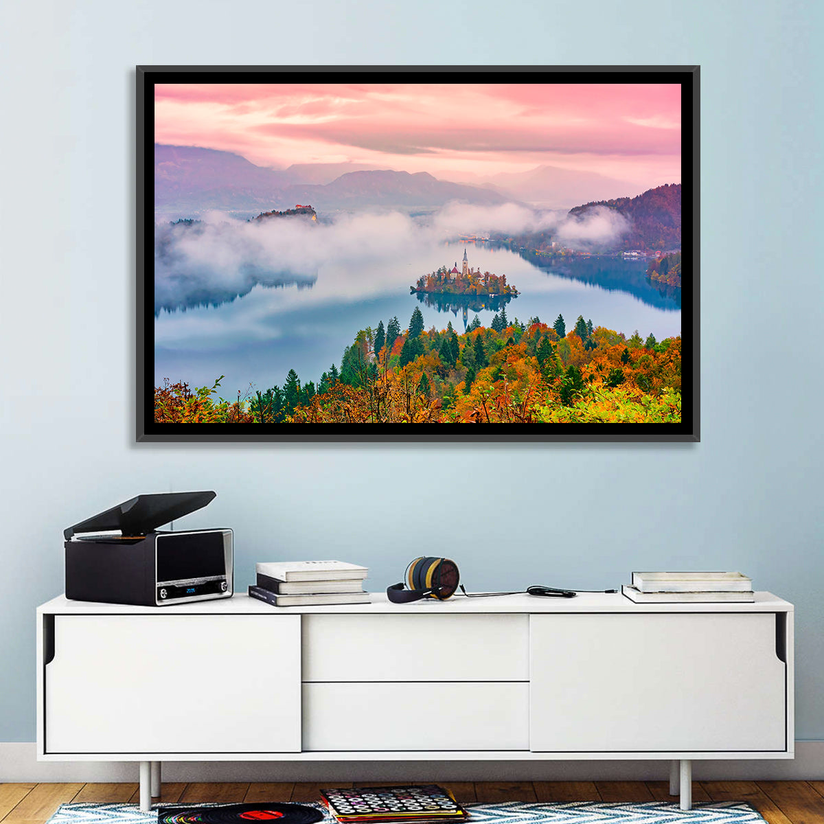 Misty Morning Over Lake Bled Wall Art in a room, landscape
