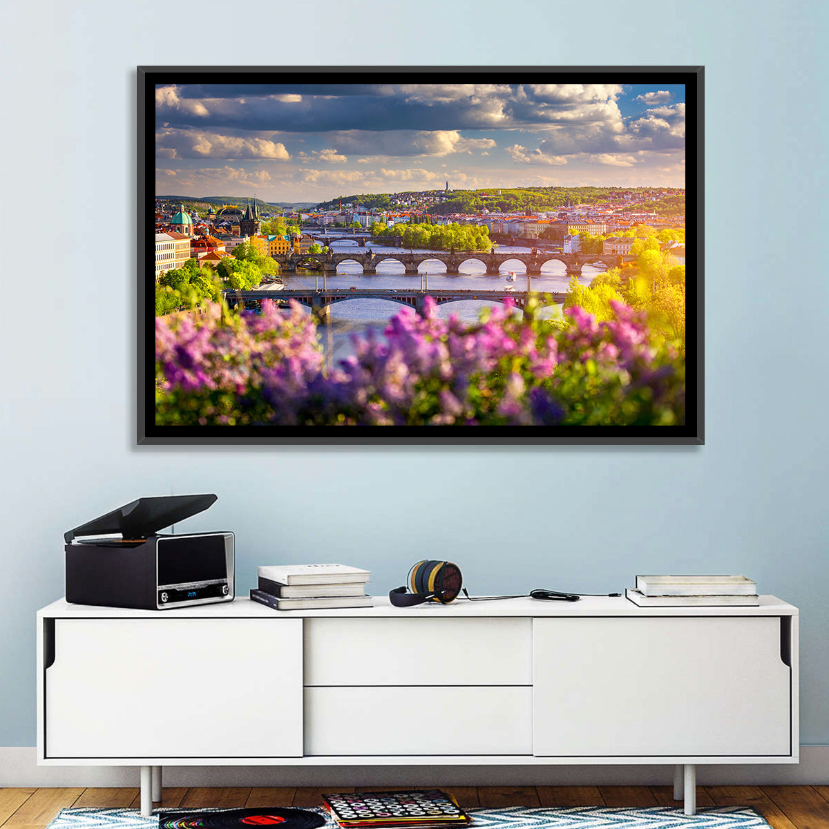 Prague Vltava Bridges in Spring Light Wall Art in a room, landscape