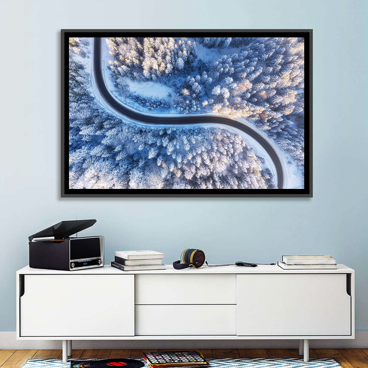 Snowy Forest Road at Golden Hour Wall Art in a room, landscape