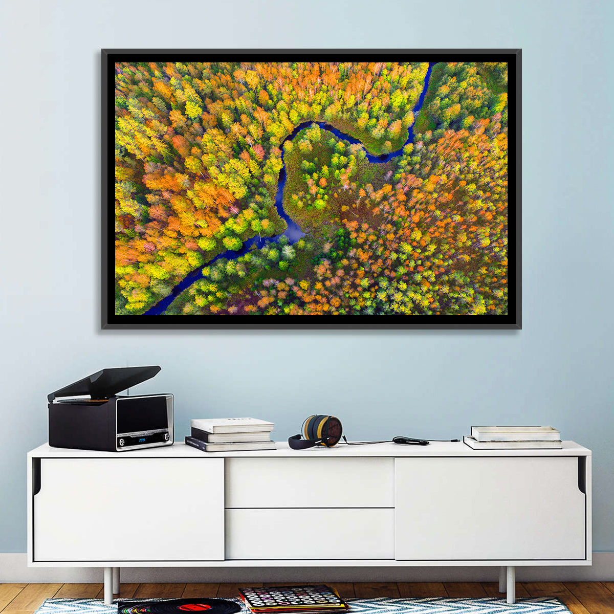 Winding Autumn River Wall Art in a room, landscape