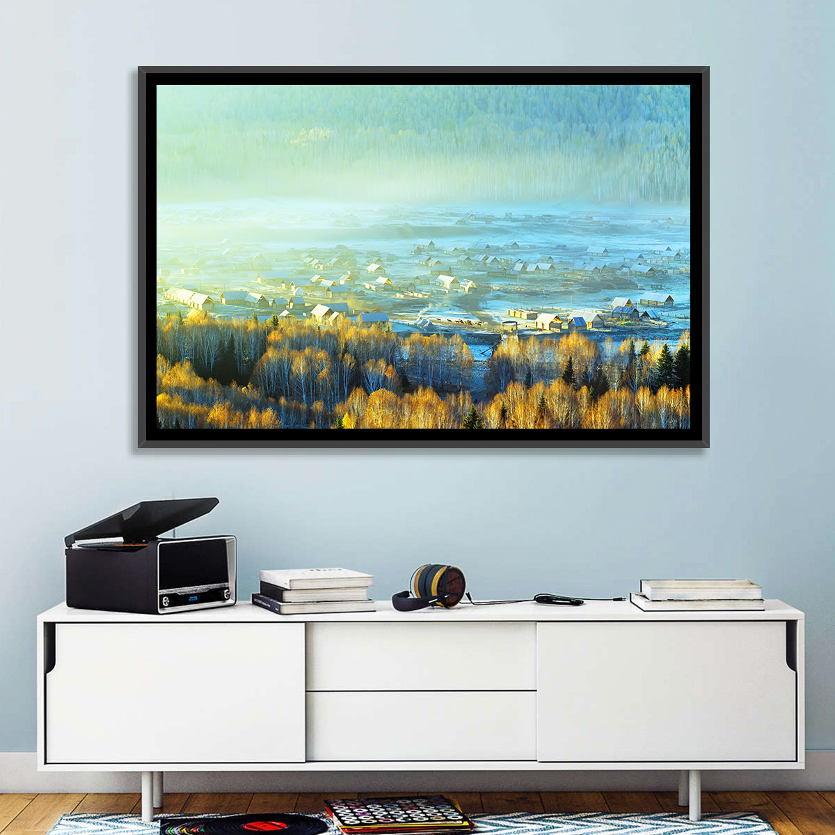 Misty Xinjiang Village Wall Art in a room, landscape