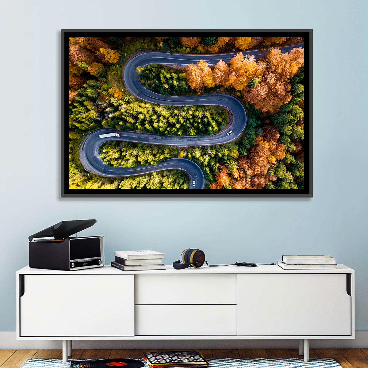Serpentine Forest Road Wall Art in a room, landscape