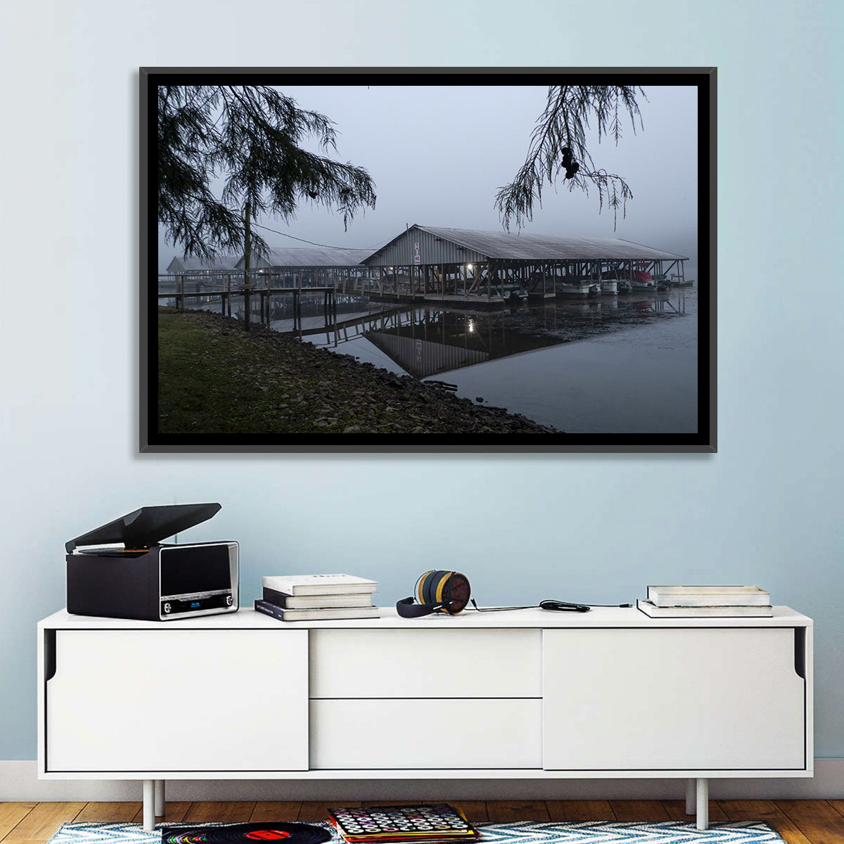 Ozark Beach Resort Boathouse Wall Art in a room, landscape
