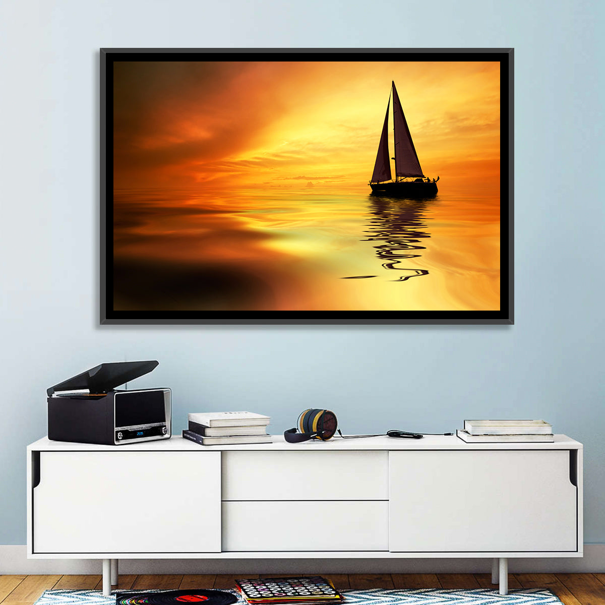 Golden Hour Sailboat Silhouette Wall Art in a room, landscape