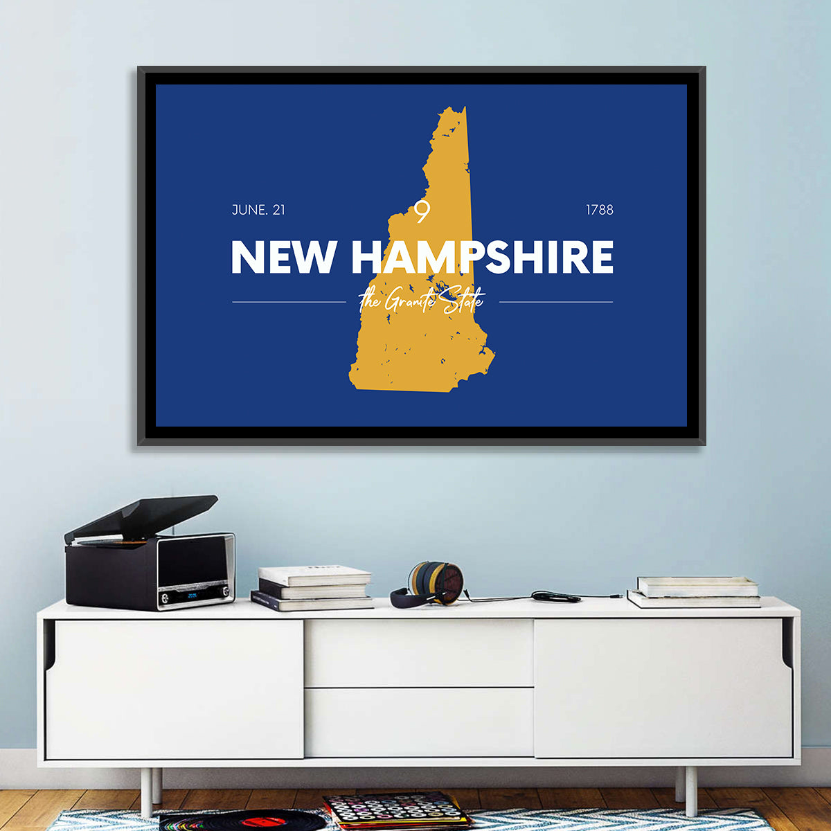 New Hampshire State Map, Blue and Gold Wall Art in a room, landscape