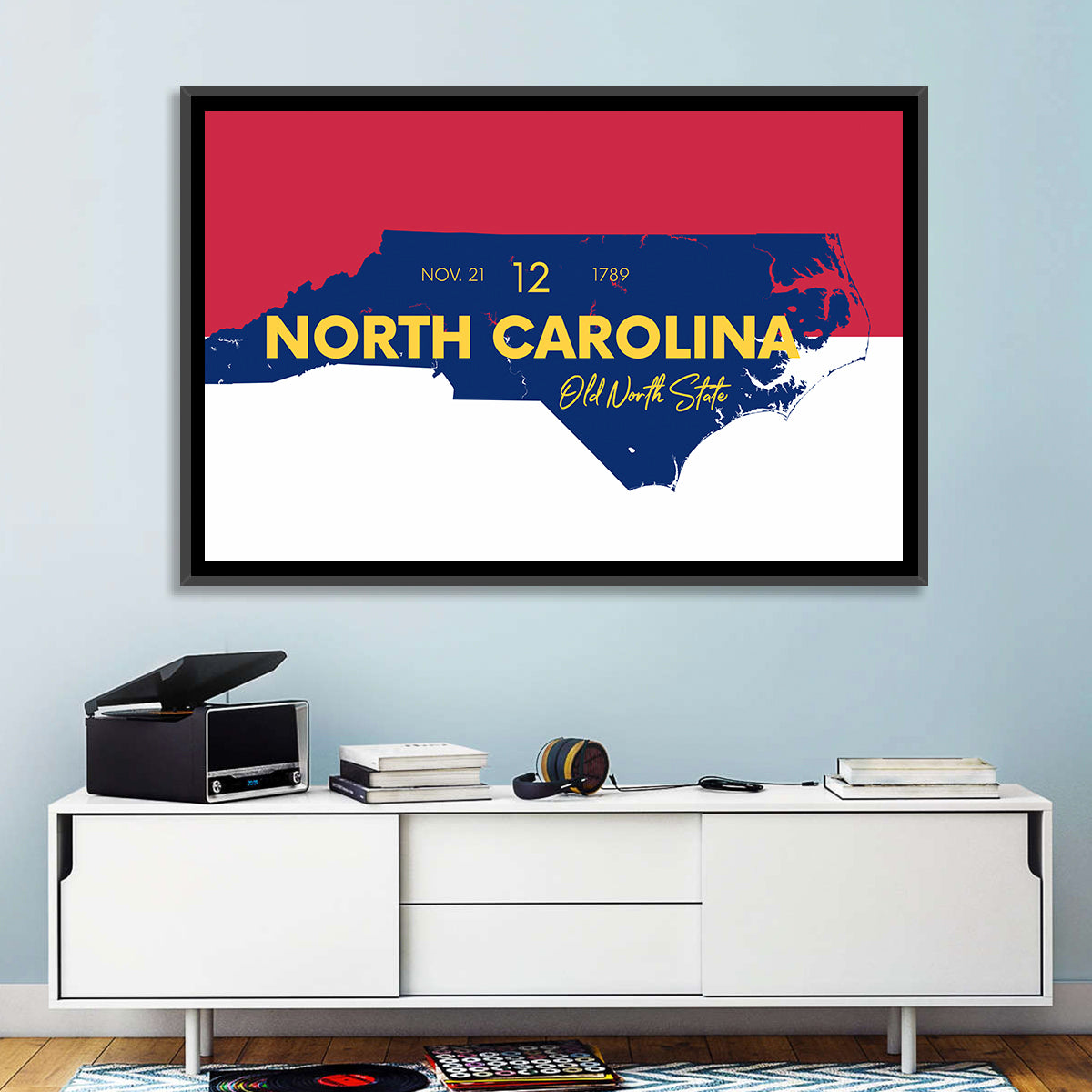 North Carolina Typographic Map Wall Art in a room, landscape