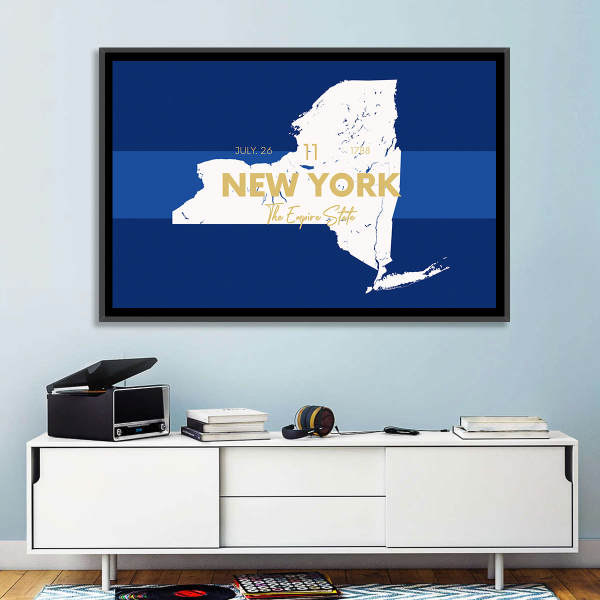 New York State Typographic Map Wall Art in a room, landscape