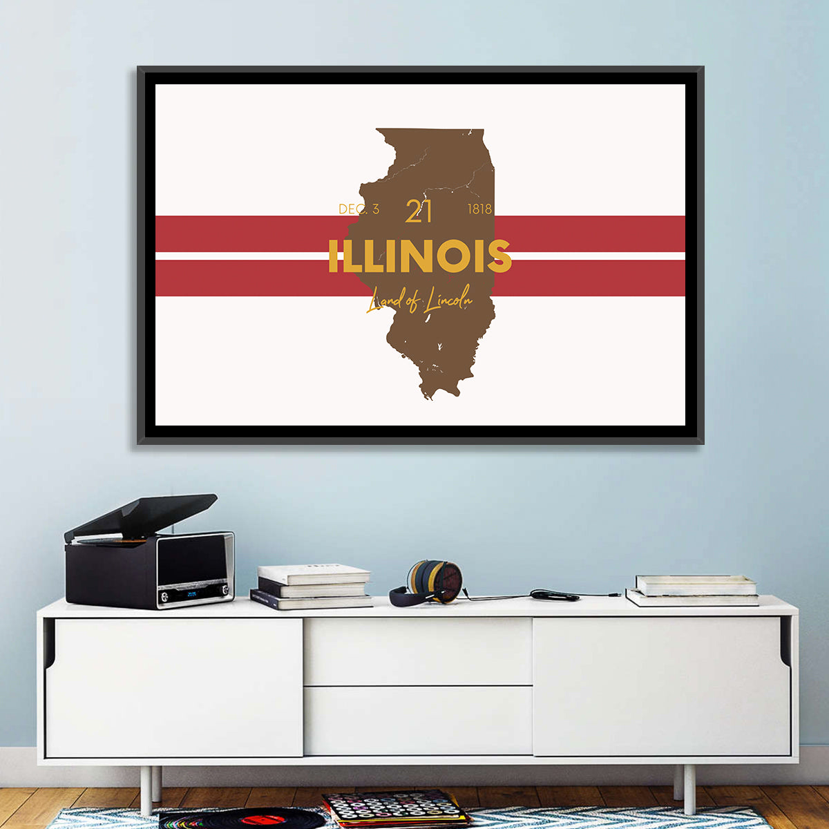 Illinois Map Land of Lincoln Wall Art in a room, landscape
