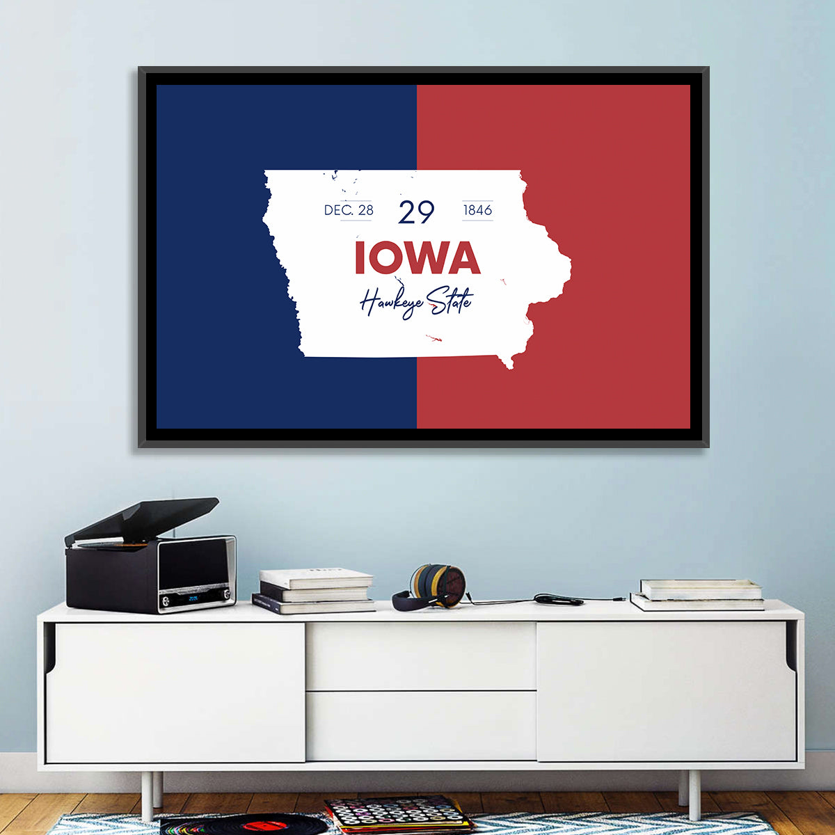Hawkeye State Map Typography Wall Art in a room, landscape