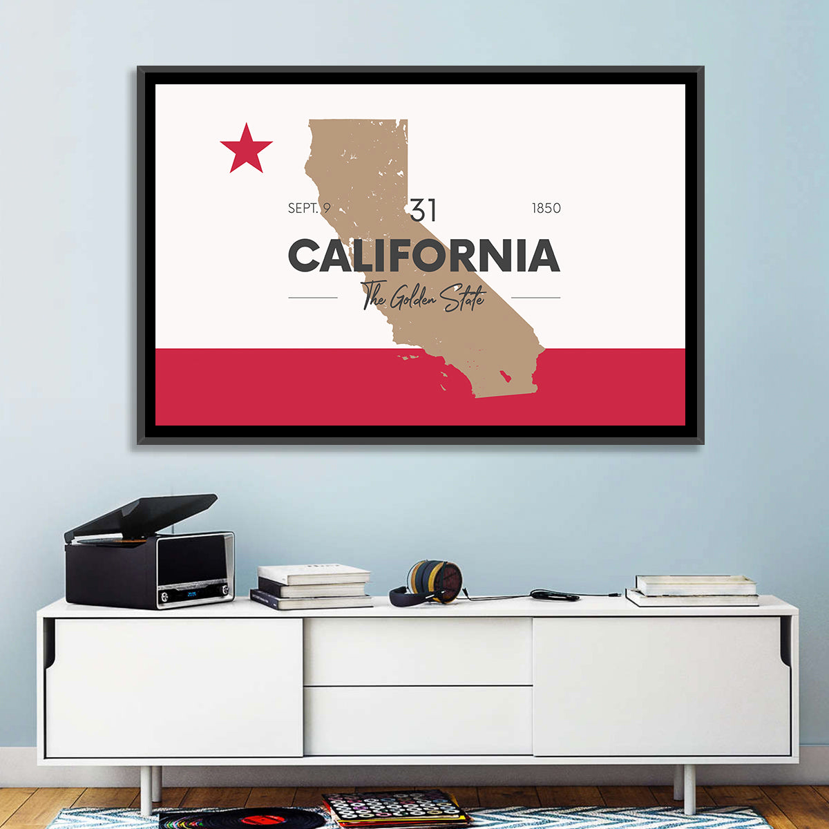 California Map with Red Star Wall Art in a room, landscape