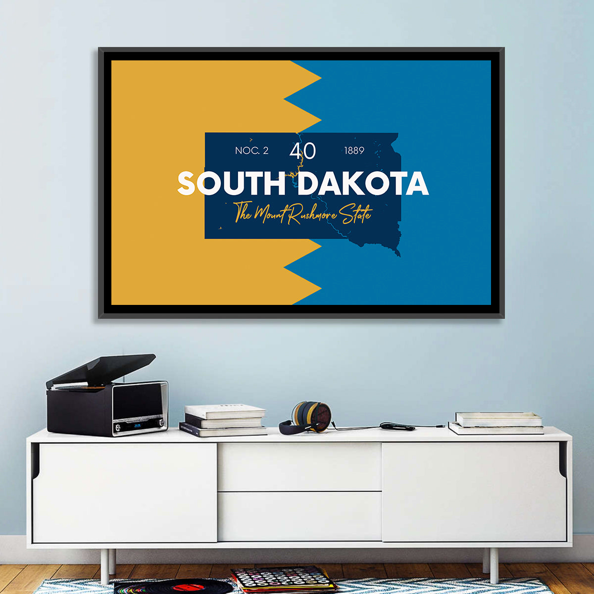South Dakota Silhouette Map Wall Art in a room, landscape