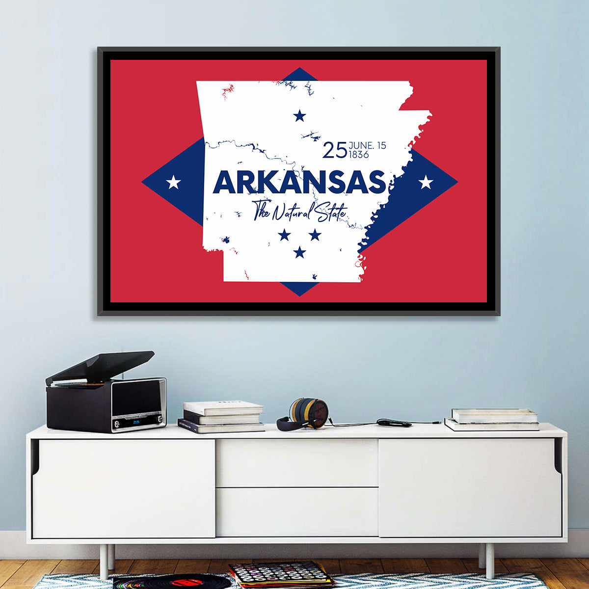 Patriotic Arkansas Map Wall Art in a room, landscape