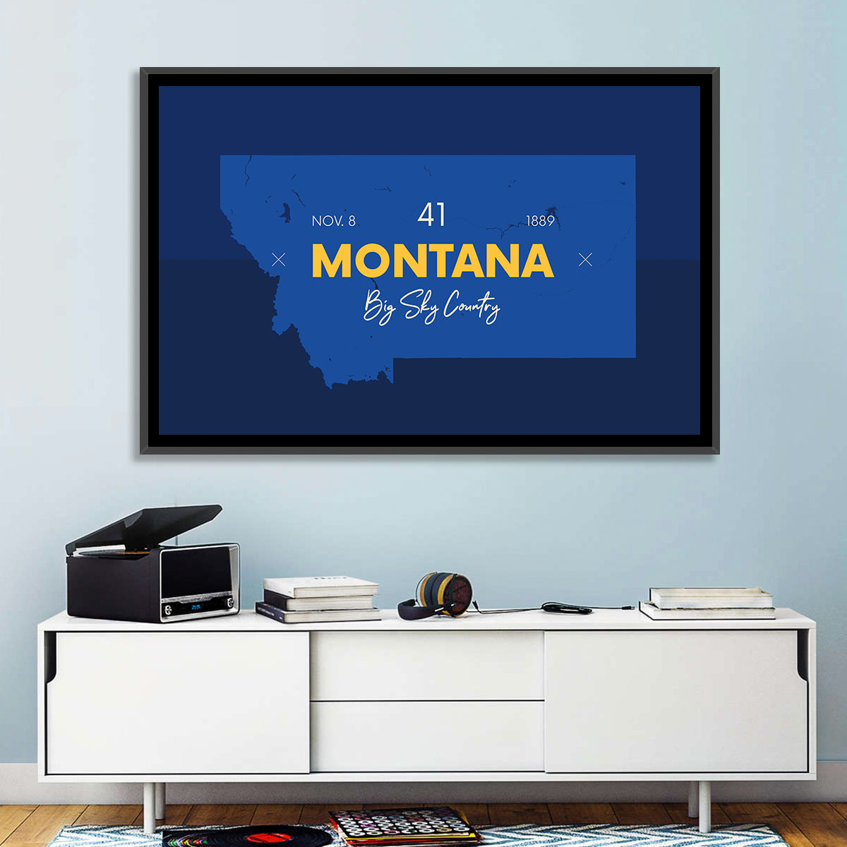 Montana Map Typography Big Sky Country Wall Art in a room, landscape