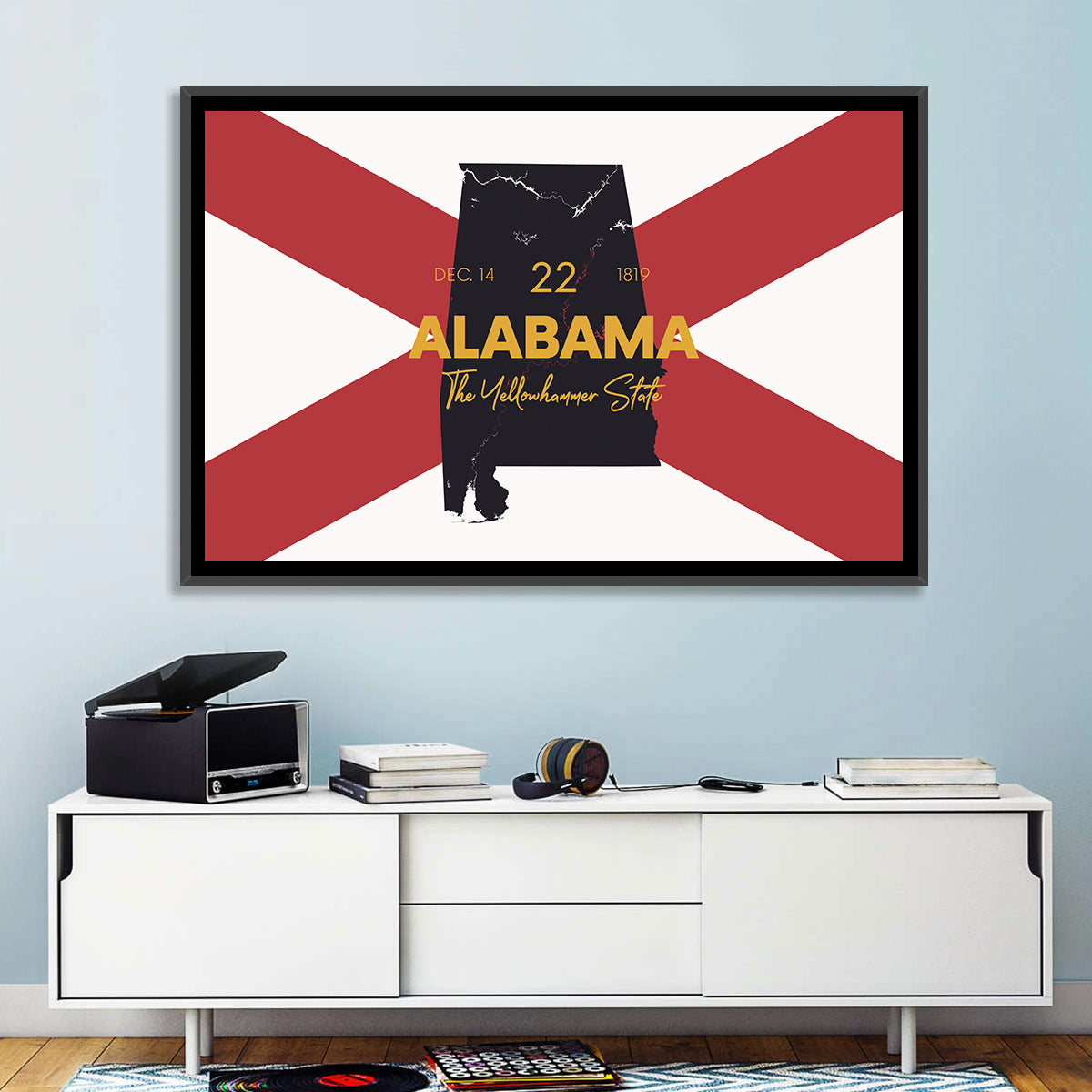 Alabama Map Over State Flag Wall Art