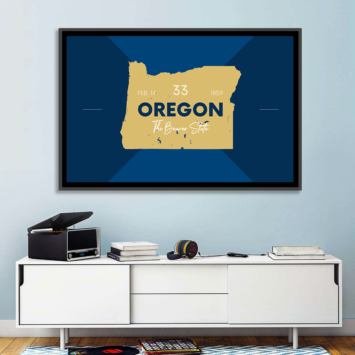 Oregon Typographic Map Wall Art in a room, landscape