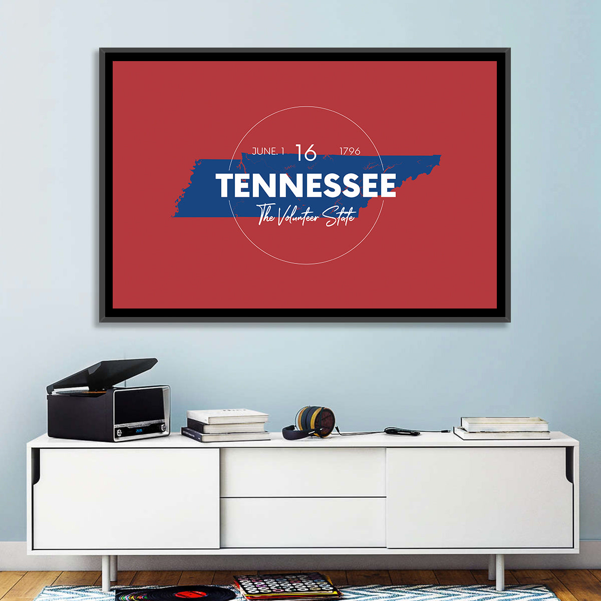 Tennessee Typographic Map Wall Art in a room, landscape
