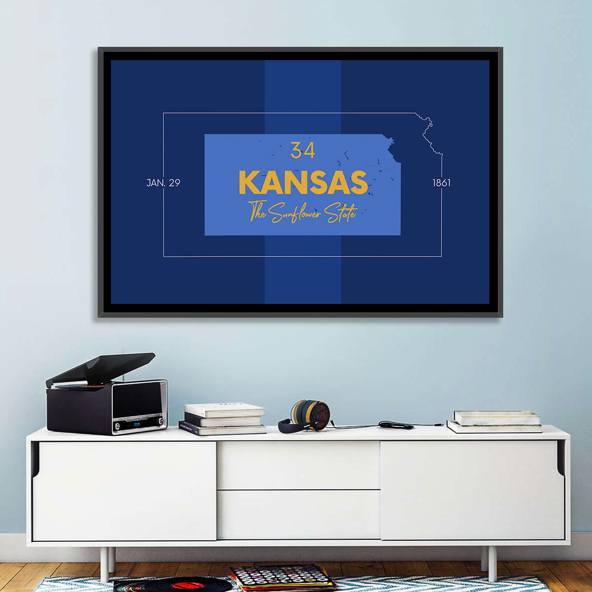 Kansas Typographic Map, Blue and Gold Wall Art in a room, landscape