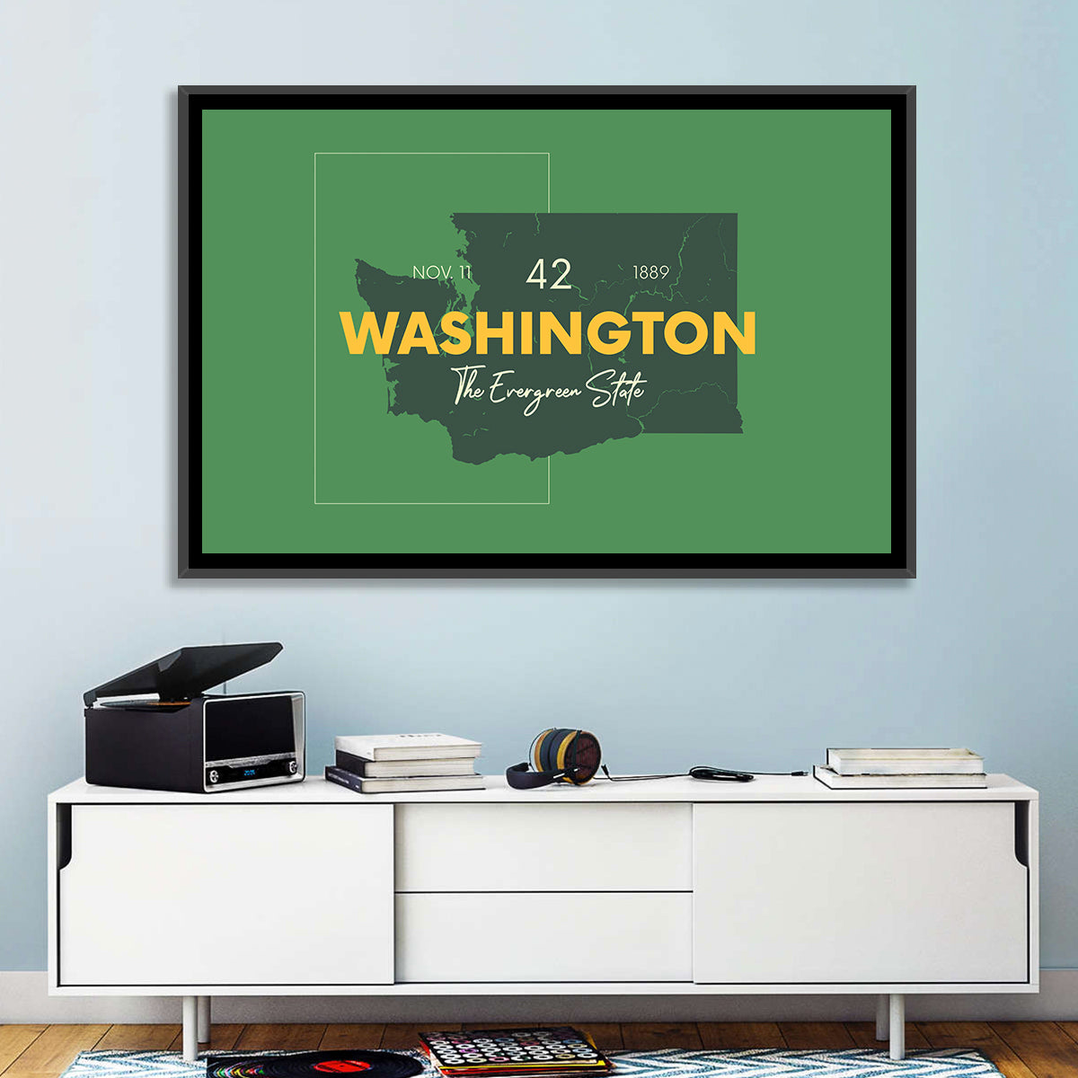 Minimalist Washington State Map Wall Art in a room, landscape