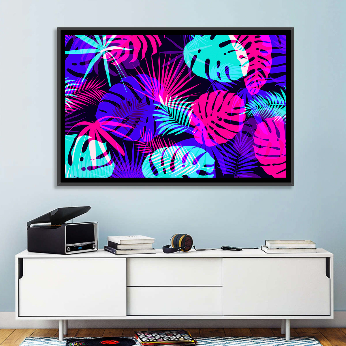 Neon Tropical Leaves Wall Art in a room, landscape