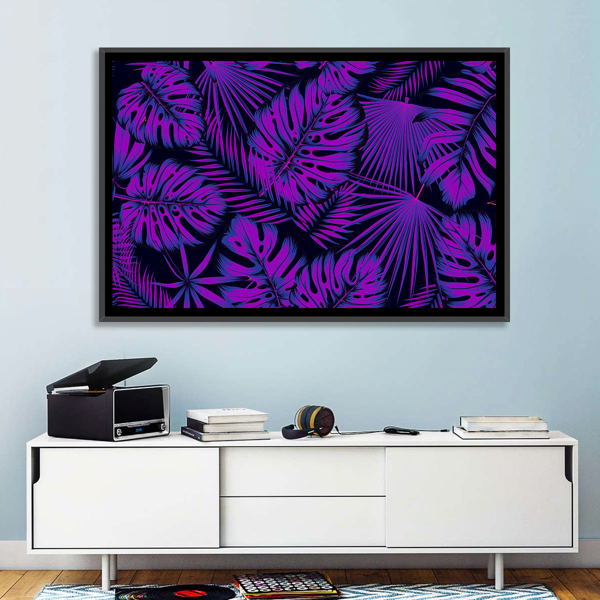 Violet Tropical Leaves Wall Art in a room, landscape