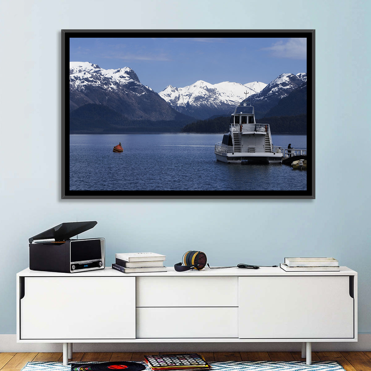Lake Nahuel Huapi Catamaran and Snow-capped Mountains Wall Art in a room, landscape