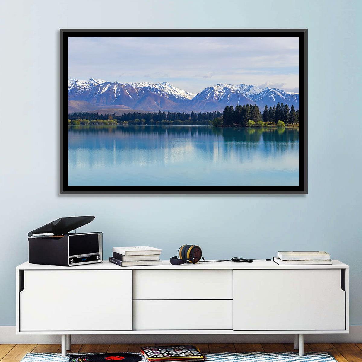 Lake Ruataniwha Reflection Wall Art in a room, landscape
