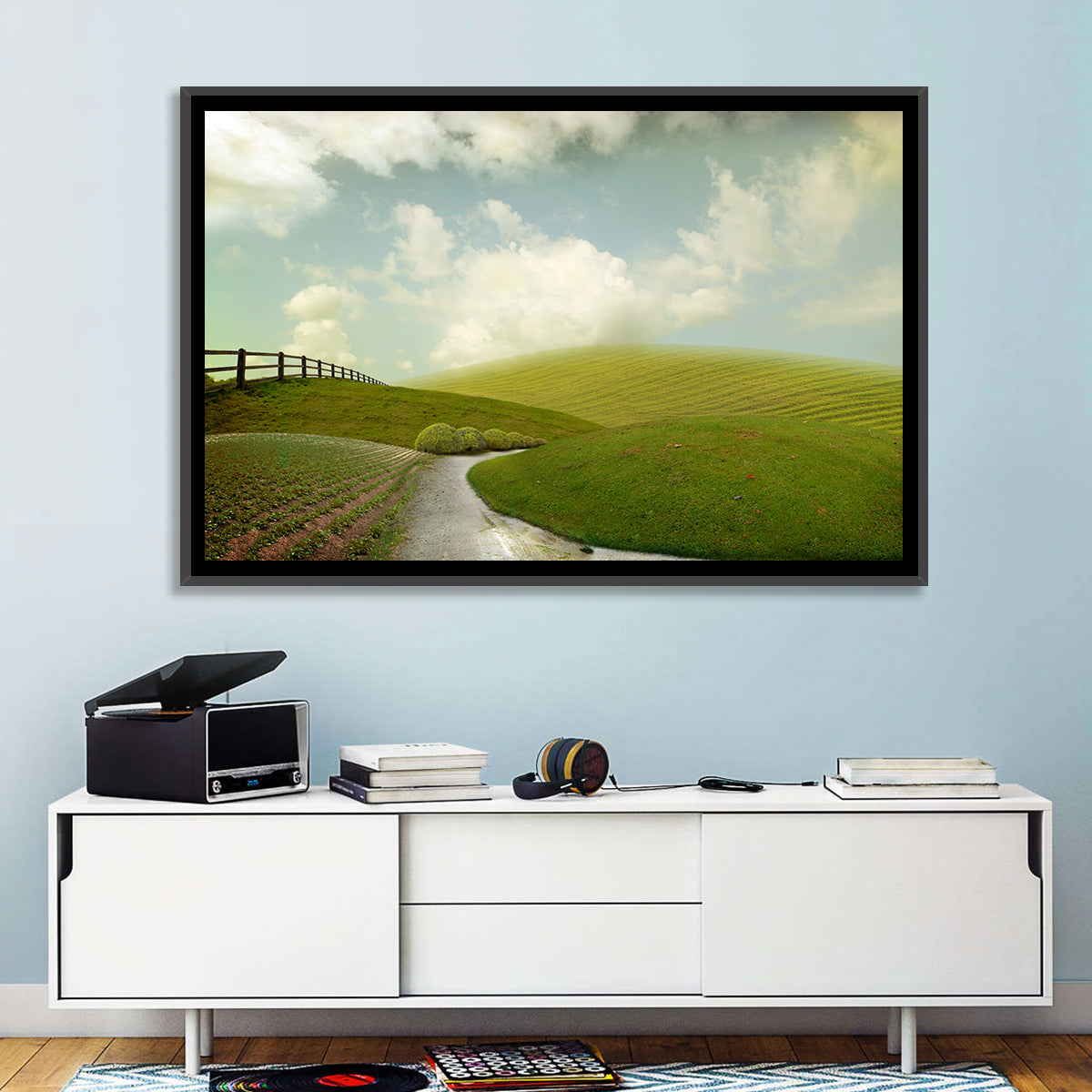 Winding Road Through Rolling Hills Wall Art in a room, landscape