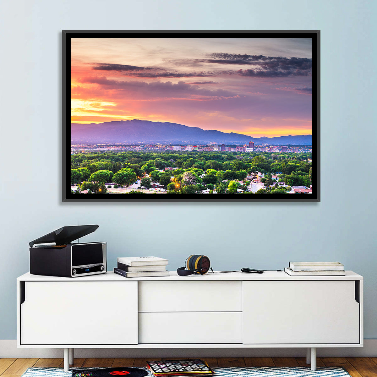 Albuquerque Skyline at Dusk Wall Art in a room, landscape