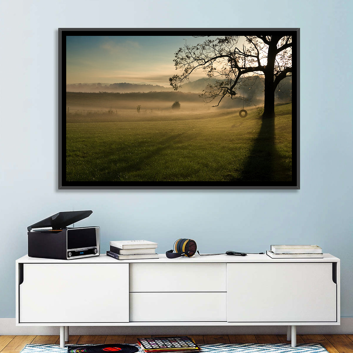 Tire Swing in Morning Mist Wall Art in a room, landscape