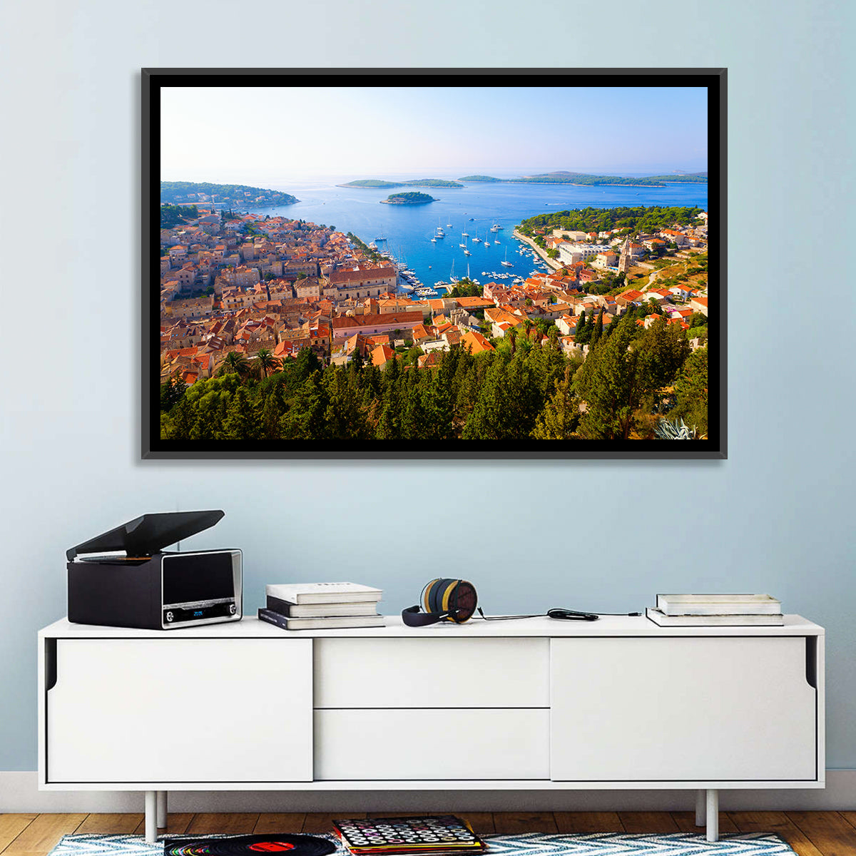 Hvar Harbor Aerial View Wall Art in a room, landscape