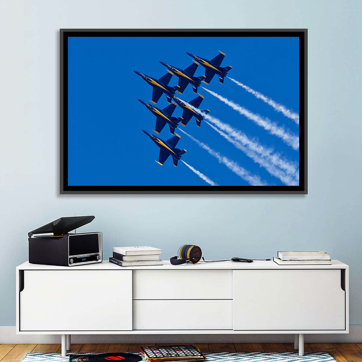 Blue Angels Delta Formation Flyover Wall Art in a room, landscape