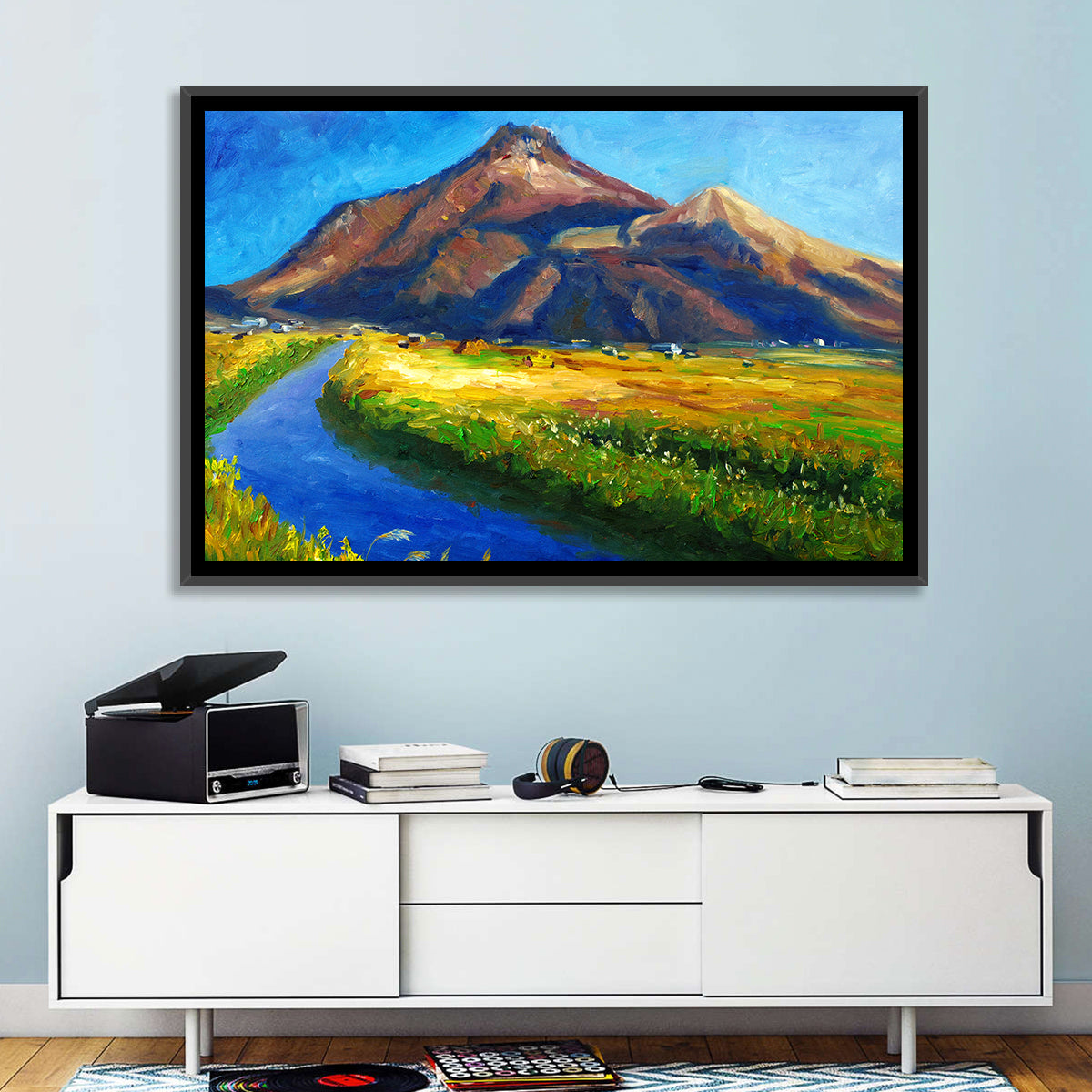 Mountain Village Stream at Golden Hour Wall Art in a room, landscape